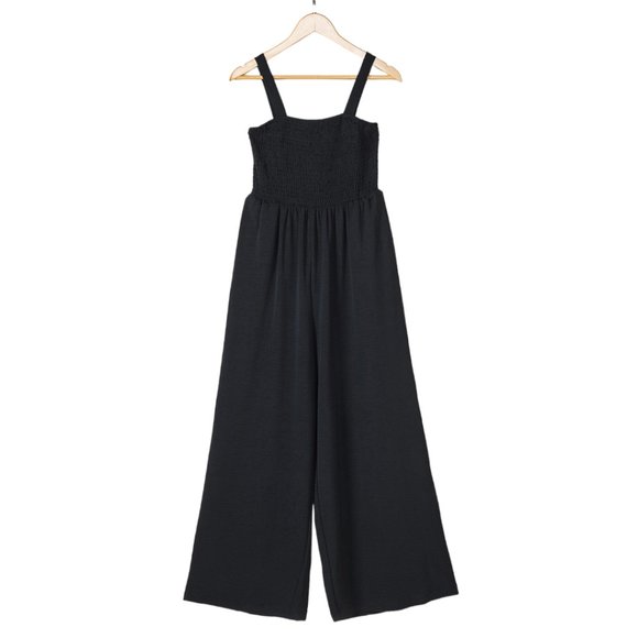 Black Smocked Sleeveless Wide Leg Jumpsuit with Pockets - Picture 7 of 16